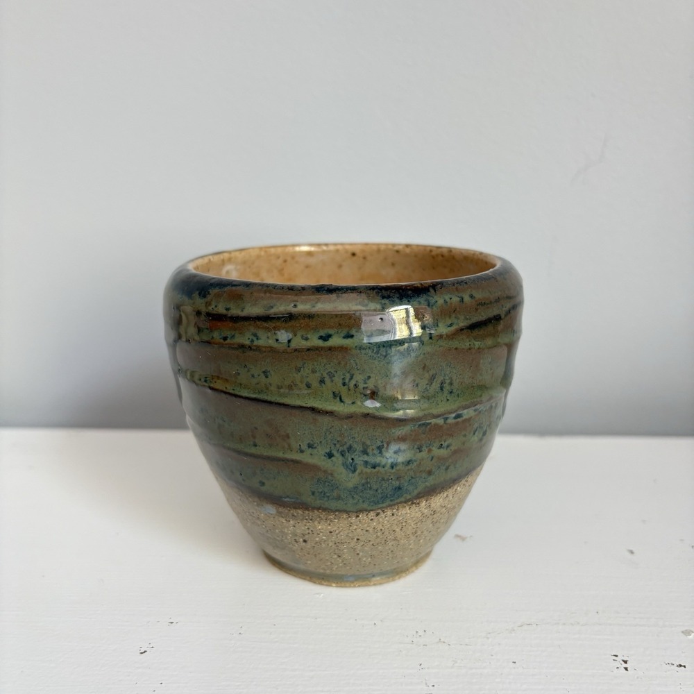 Studio Art Pottery Cup Planter Stoneware Artist Signed‎ Blue Speckled Handmade